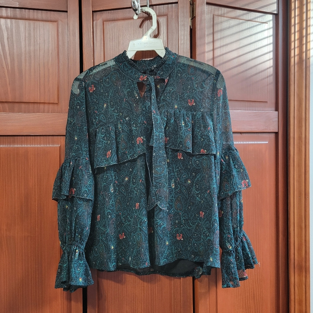 Luxky Brand Floral Print V Neck Collared Tie Front Green Red Fairy Top | XS